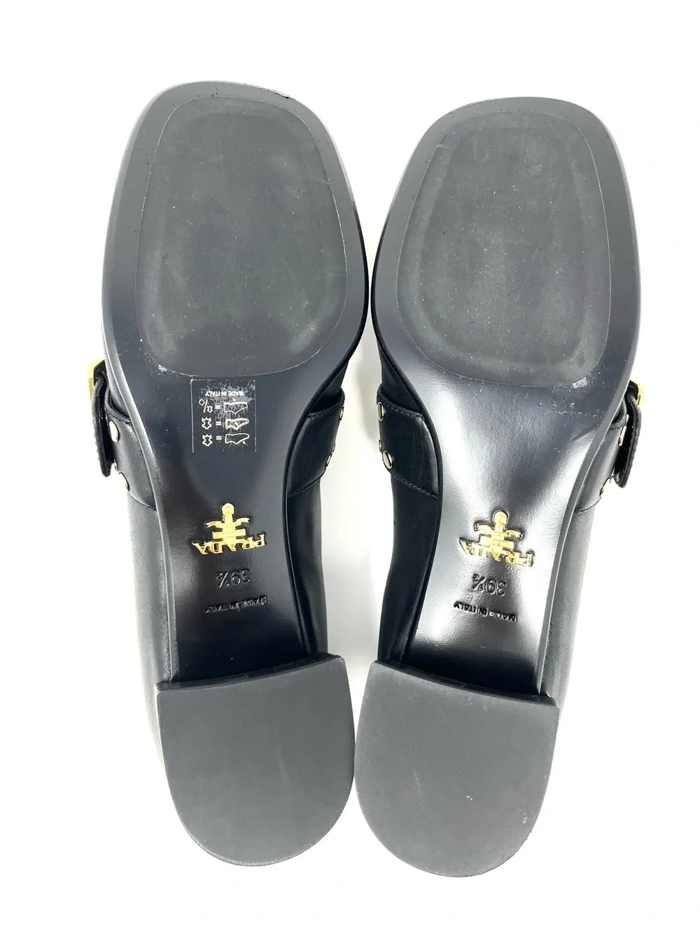 Prada Logo Black Leather Gold Studded Buckle Loafers Heels Shoes Chunky 39.5 9.5